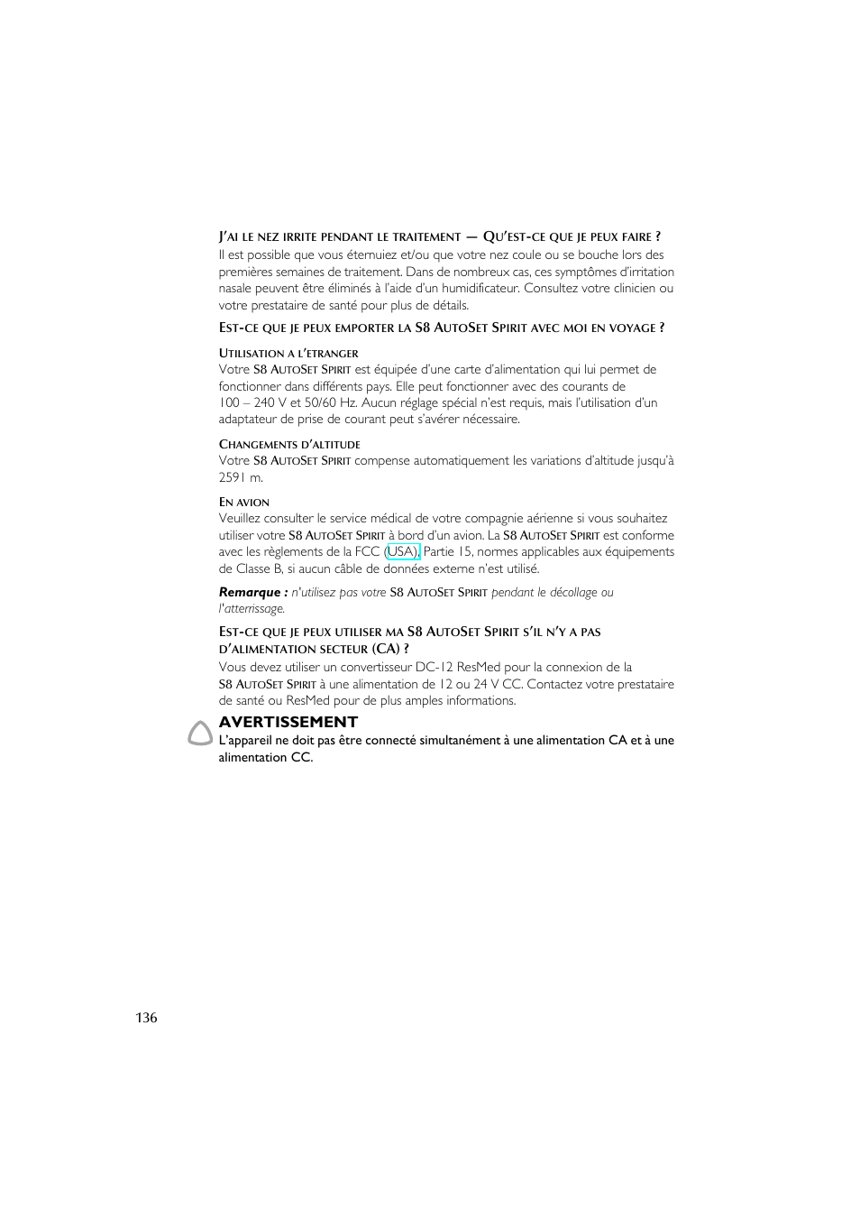 Avertissement | ResMed escape s8 User Manual | Page 140 / 358