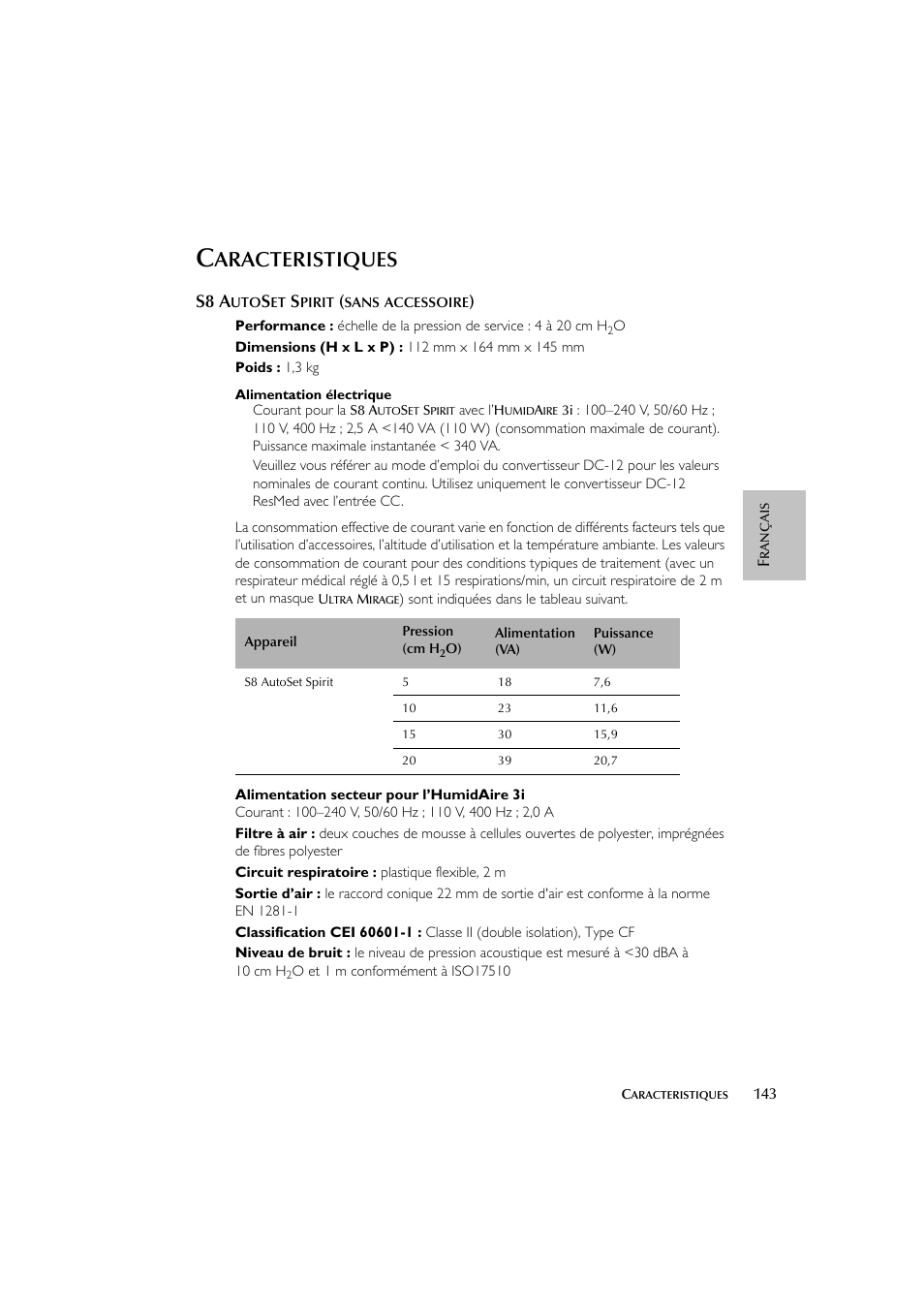 Aracteristiques, S8 a | ResMed escape s8 User Manual | Page 147 / 358