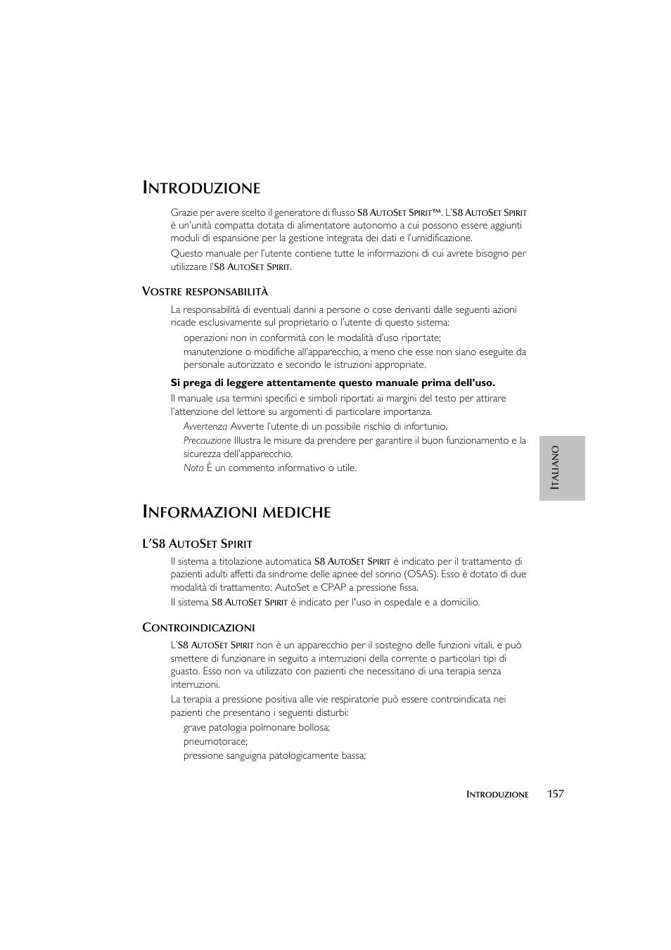 Ntroduzione, Nformazioni, Mediche | L’s8 a | ResMed escape s8 User Manual | Page 161 / 358