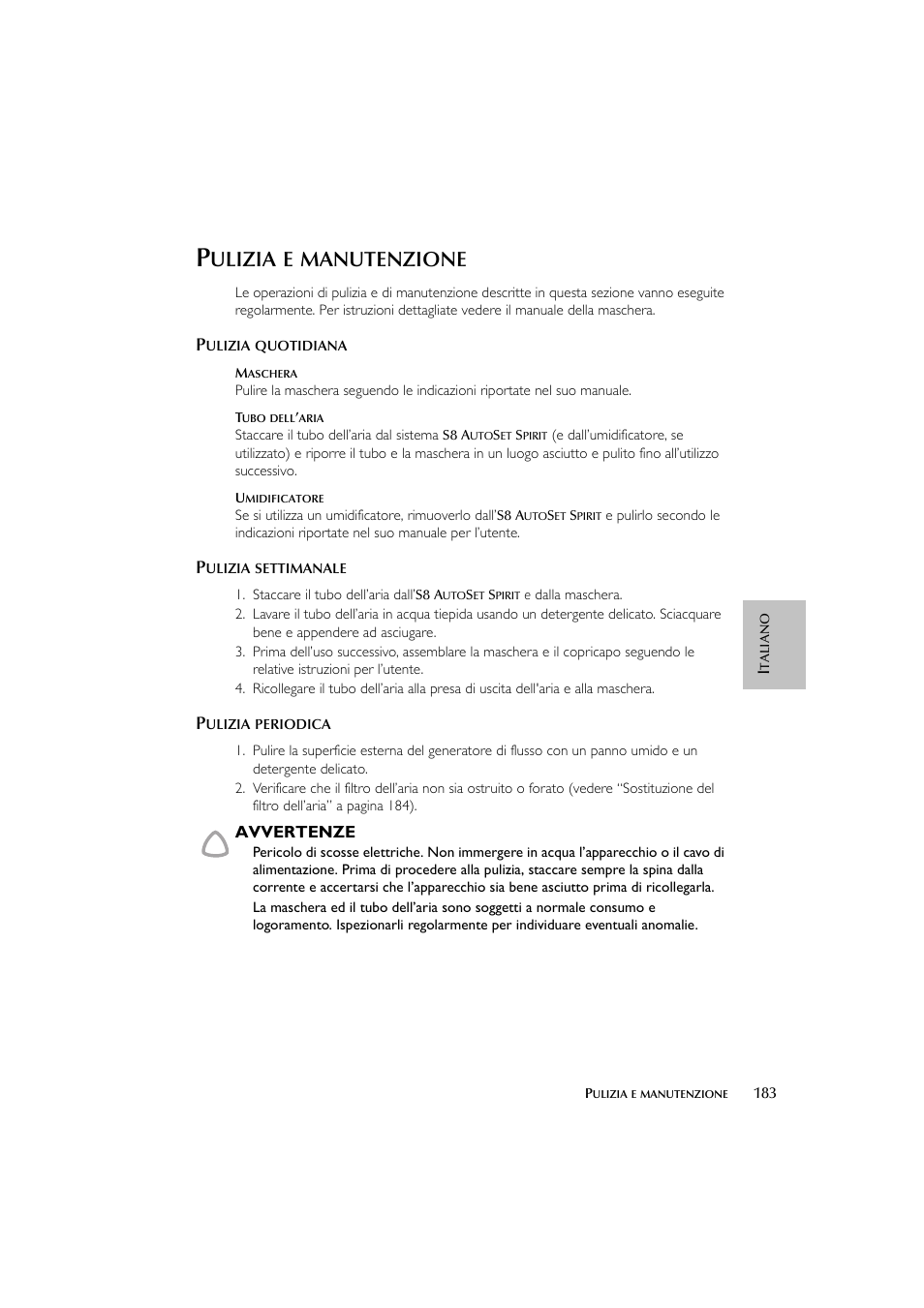 Ulizia, Manutenzione | ResMed escape s8 User Manual | Page 187 / 358