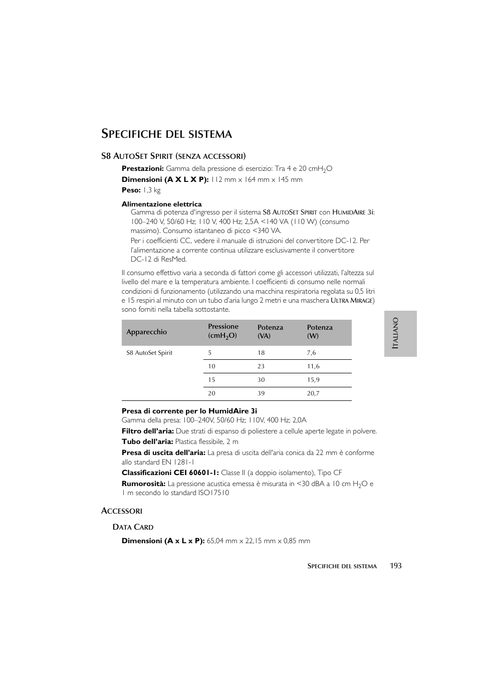 Pecifiche, Sistema, S8 a | ResMed escape s8 User Manual | Page 197 / 358