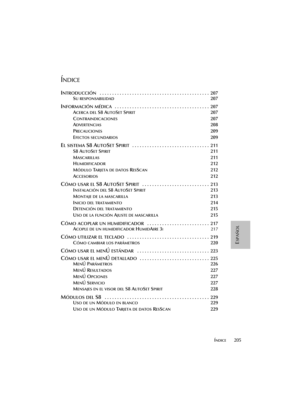 Ndice, S8 a | ResMed escape s8 User Manual | Page 209 / 358