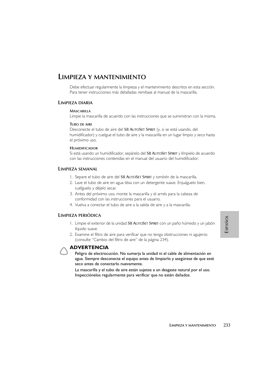 Impieza, Mantenimiento | ResMed escape s8 User Manual | Page 237 / 358