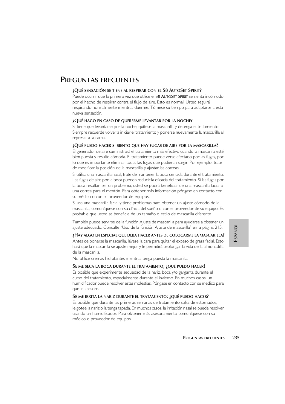 Reguntas, Frecuentes | ResMed escape s8 User Manual | Page 239 / 358