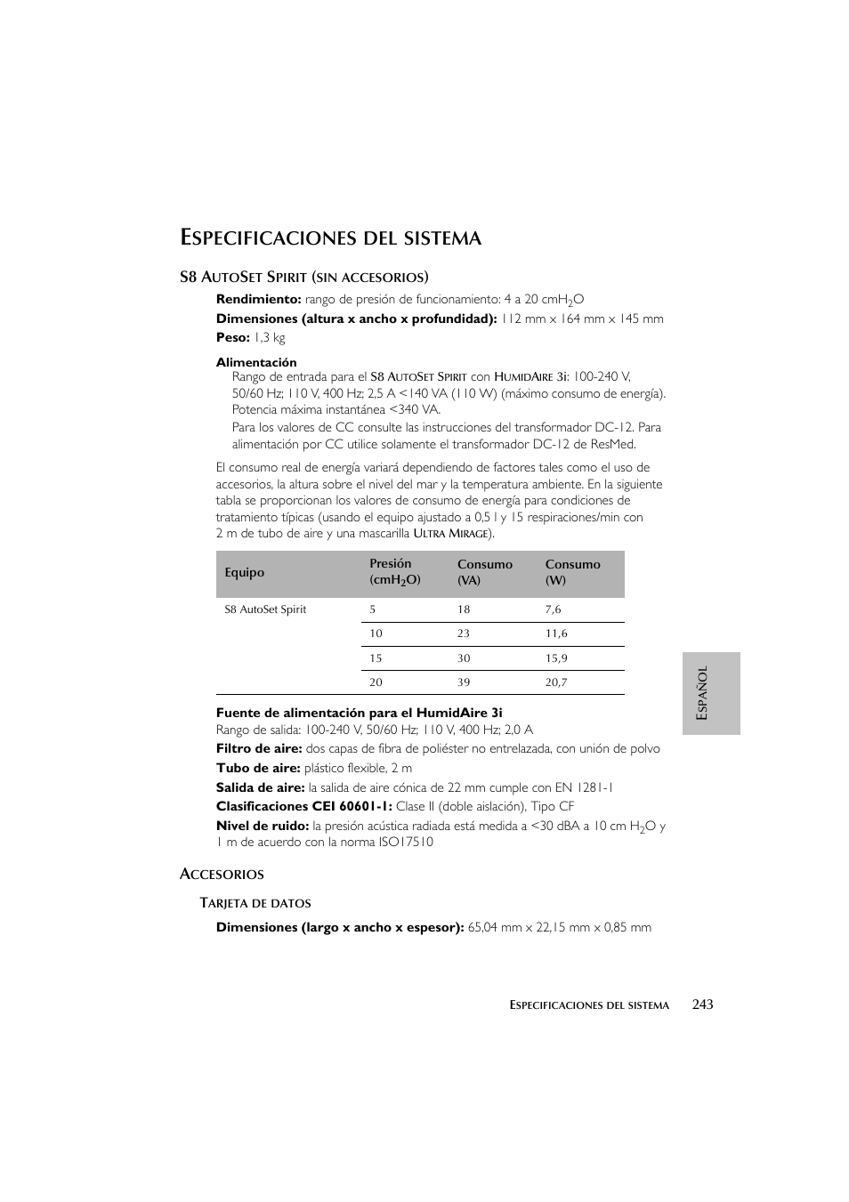 Specificaciones, Sistema, S8 a | ResMed escape s8 User Manual | Page 247 / 358