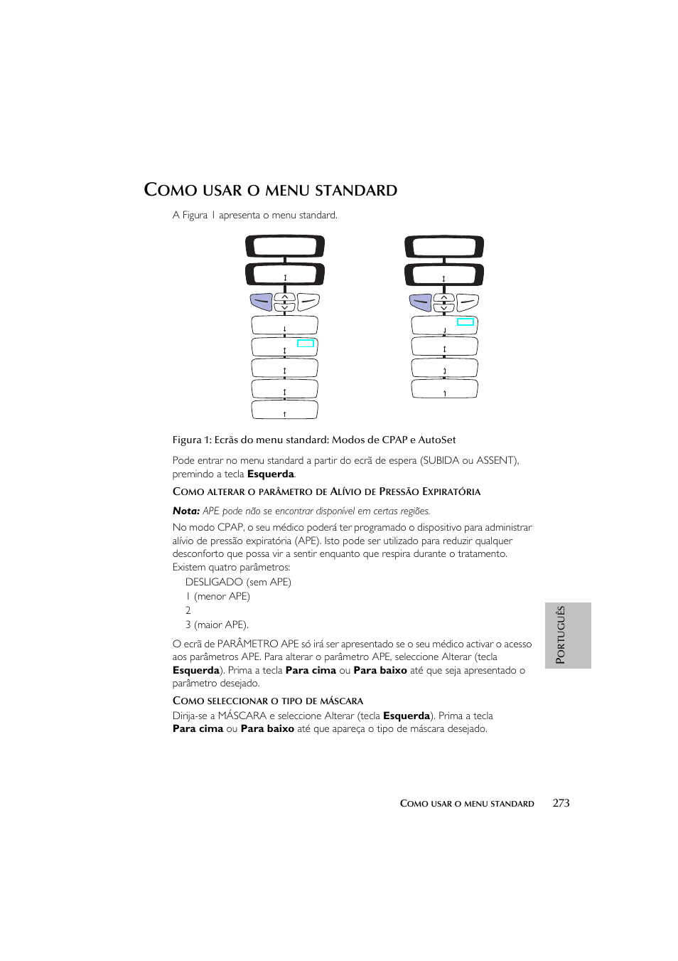 Usar, Menu, Standard | ResMed escape s8 User Manual | Page 277 / 358