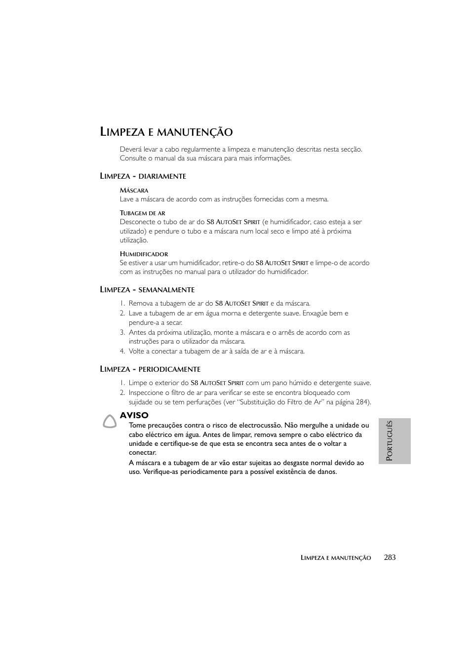 Impeza, Manutenção | ResMed escape s8 User Manual | Page 287 / 358