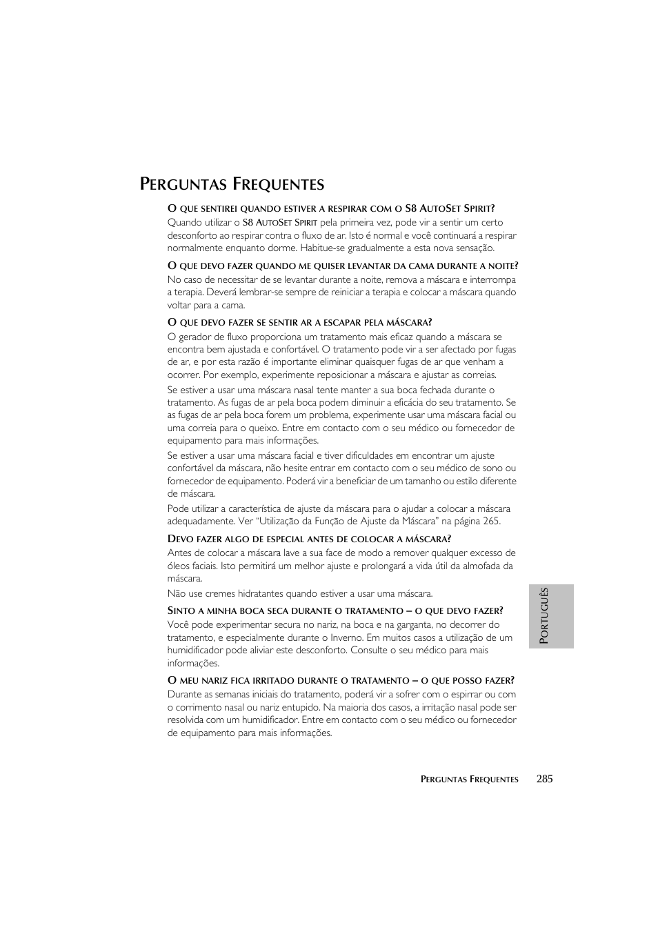 Erguntas, Requentes | ResMed escape s8 User Manual | Page 289 / 358