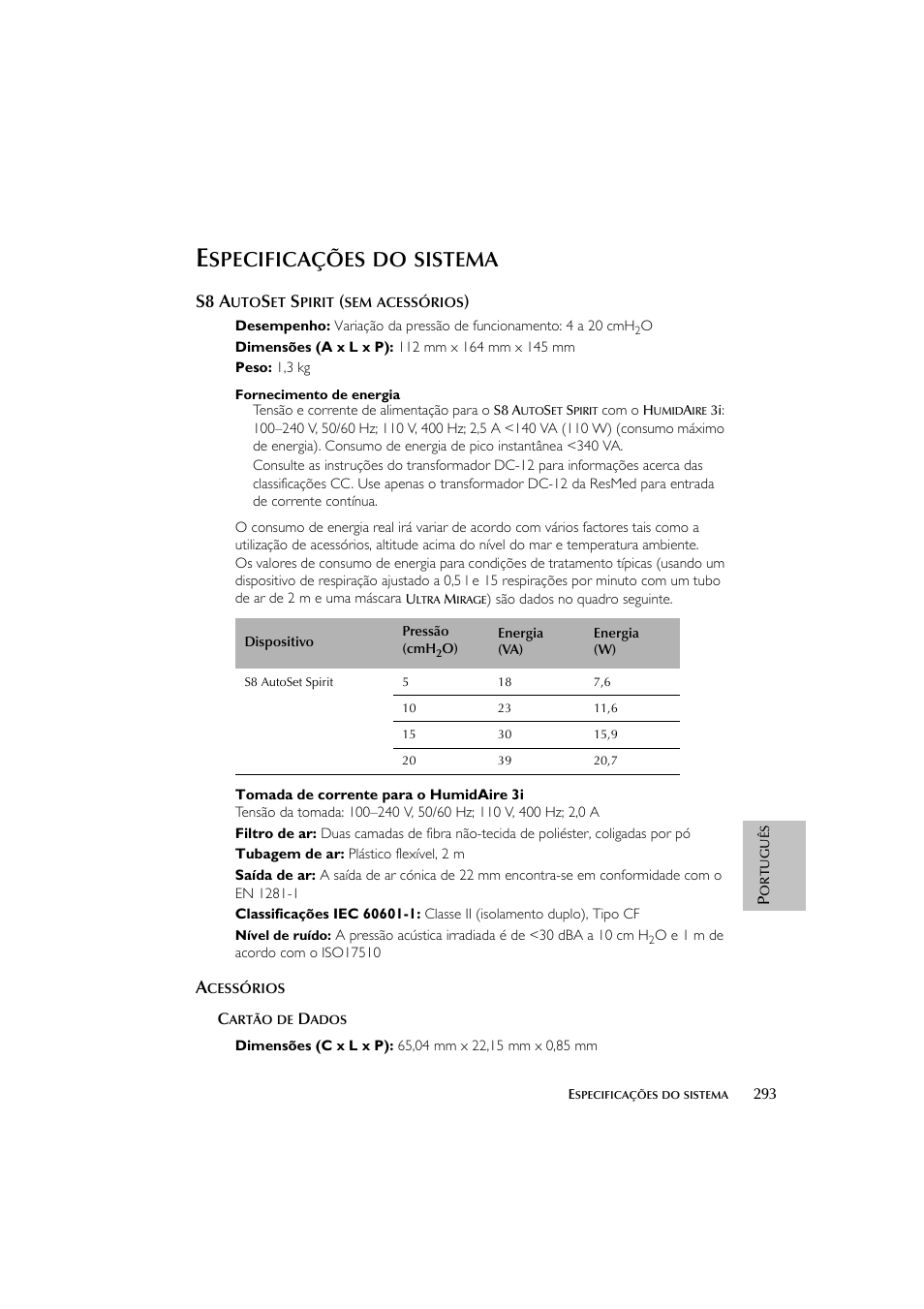 Specificações, Sistema, S8 a | ResMed escape s8 User Manual | Page 297 / 358