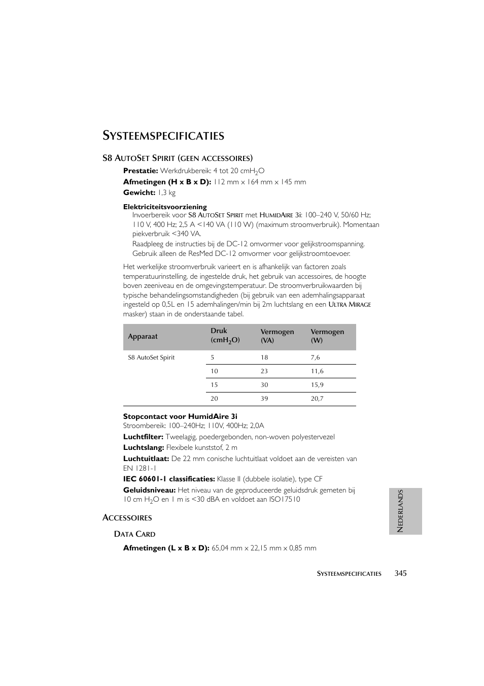 Ysteemspecificaties, S8 a | ResMed escape s8 User Manual | Page 349 / 358