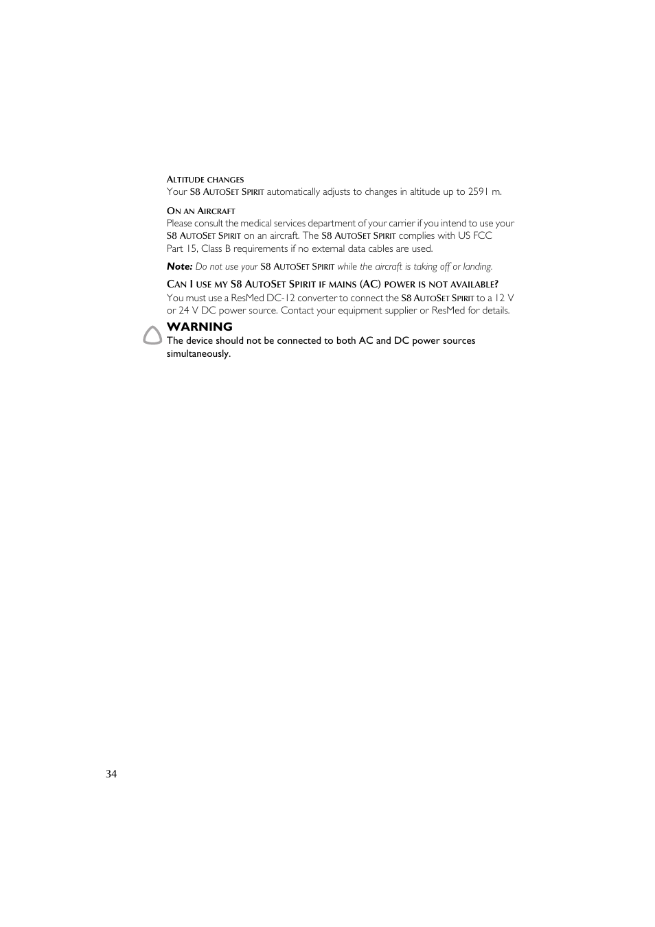 Warning | ResMed escape s8 User Manual | Page 38 / 358