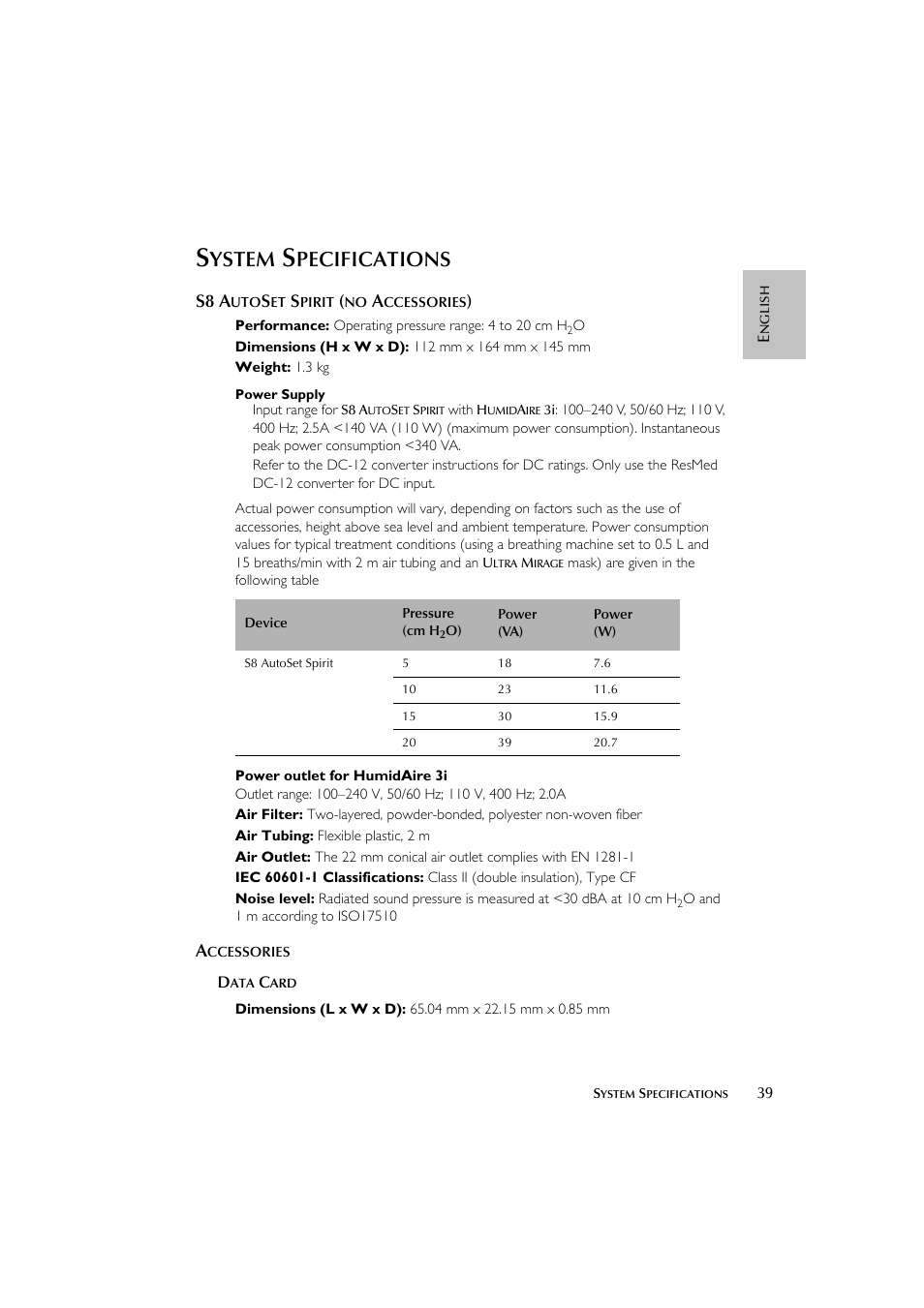 Ystem, Pecifications, S8 a | ResMed escape s8 User Manual | Page 43 / 358