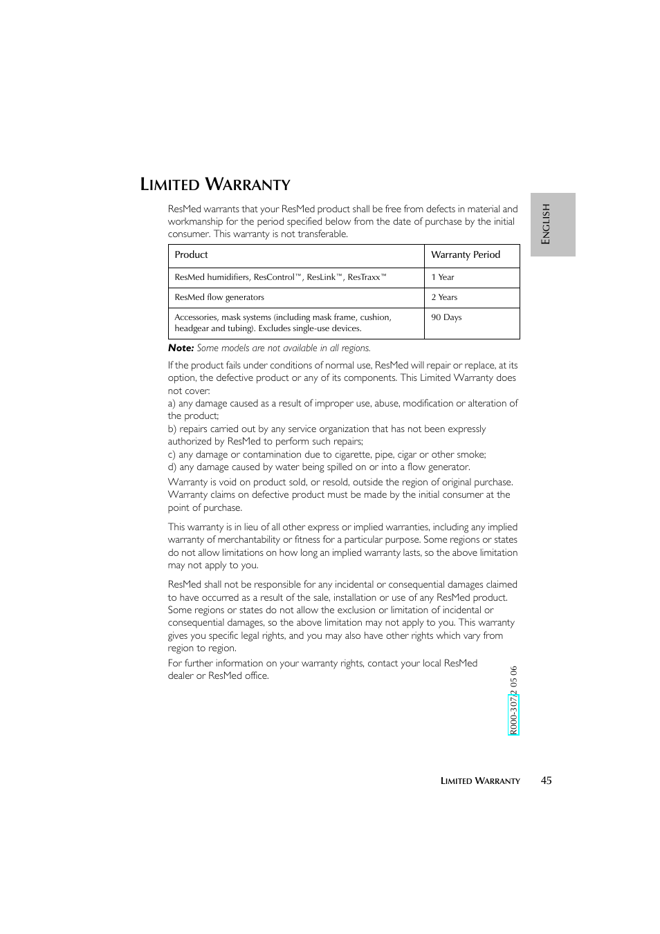 Imited, Arranty | ResMed escape s8 User Manual | Page 49 / 358