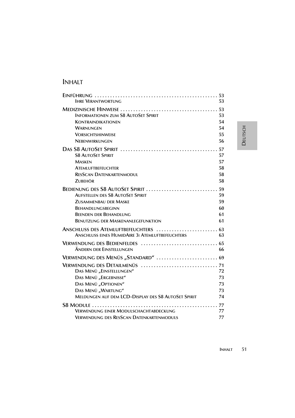 Nhalt, S8 a, S8 m | ResMed escape s8 User Manual | Page 55 / 358