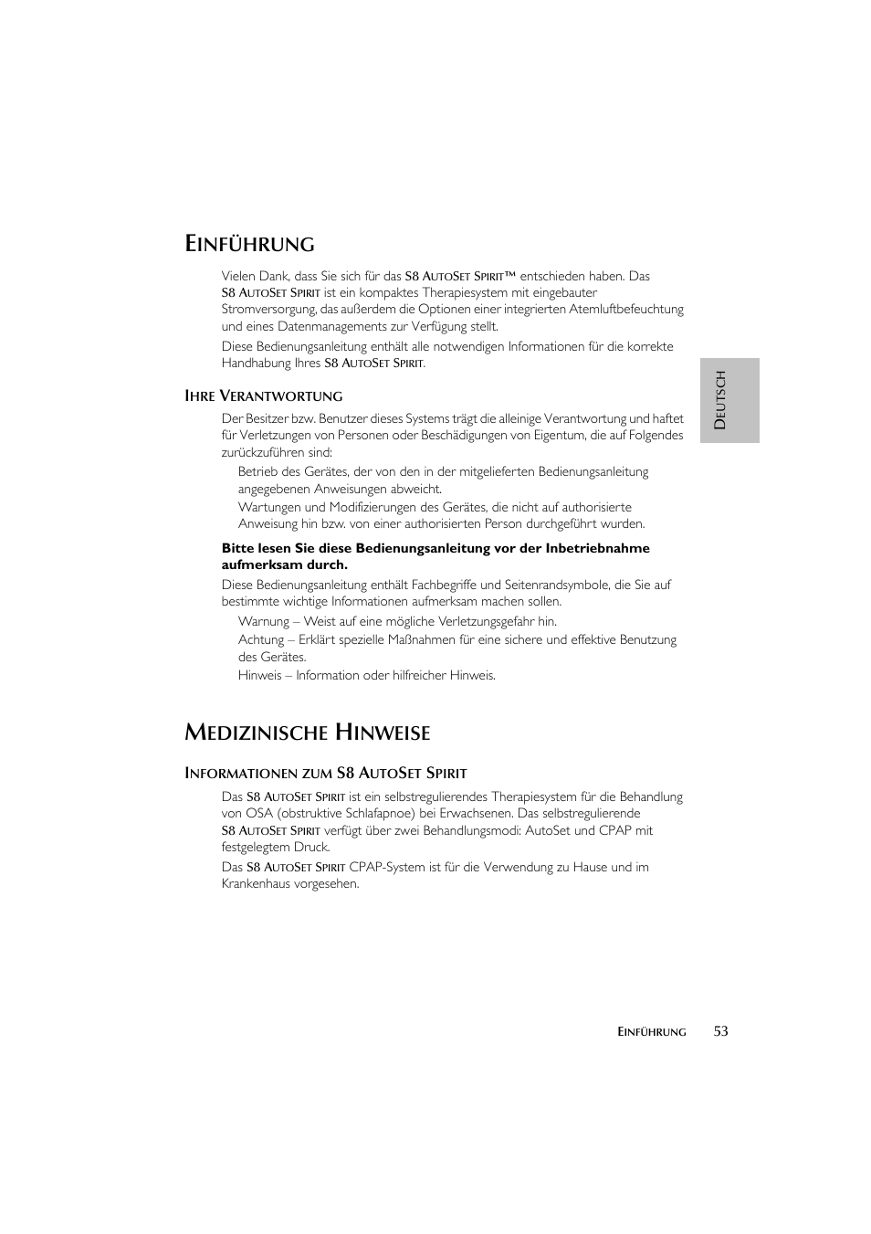 Inführung, Edizinische, Inweise | S8 a | ResMed escape s8 User Manual | Page 57 / 358