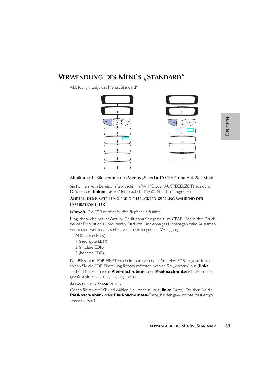 Erwendung, Enüs, Tandard | ResMed escape s8 User Manual | Page 73 / 358