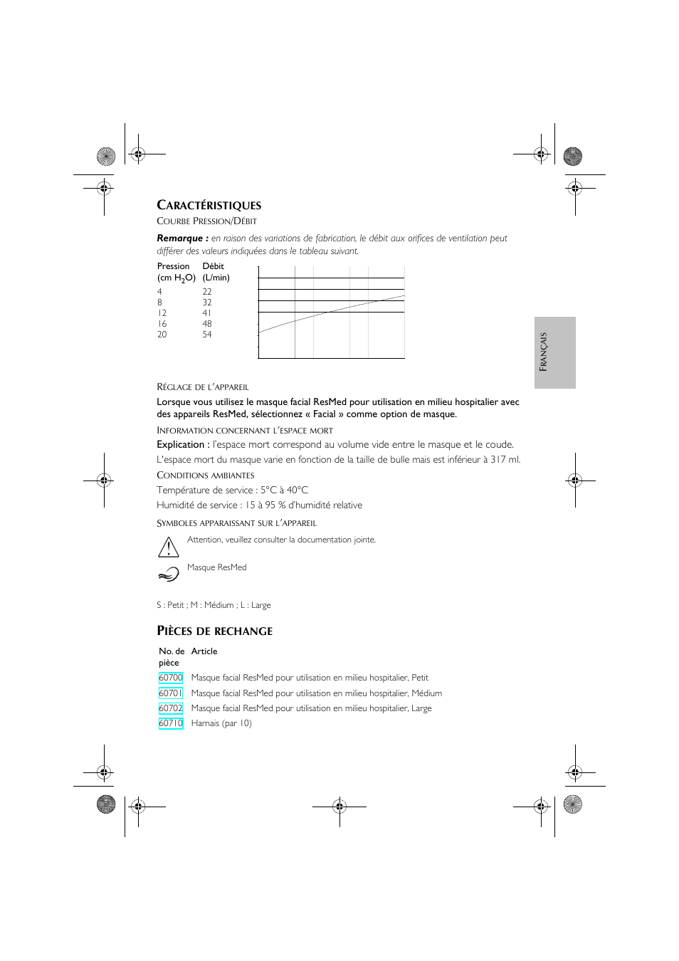 Aractéristiques, Ièces, Rechange | ResMed Hospital Full Face Mask User Manual | Page 17 / 48