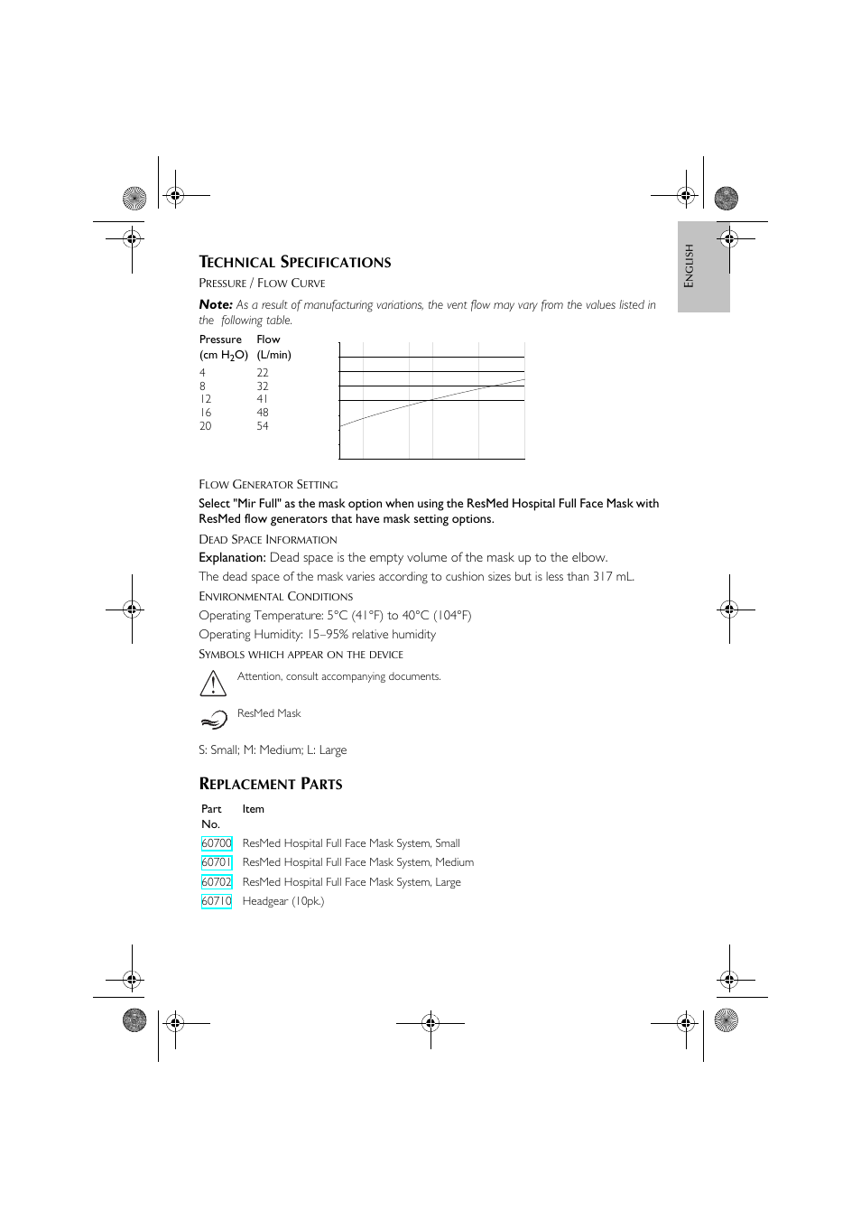 Echnical, Pecifications, Eplacement | Arts, S: small; m: medium; l: large, Pressure (cm h | ResMed Hospital Full Face Mask User Manual | Page 5 / 48