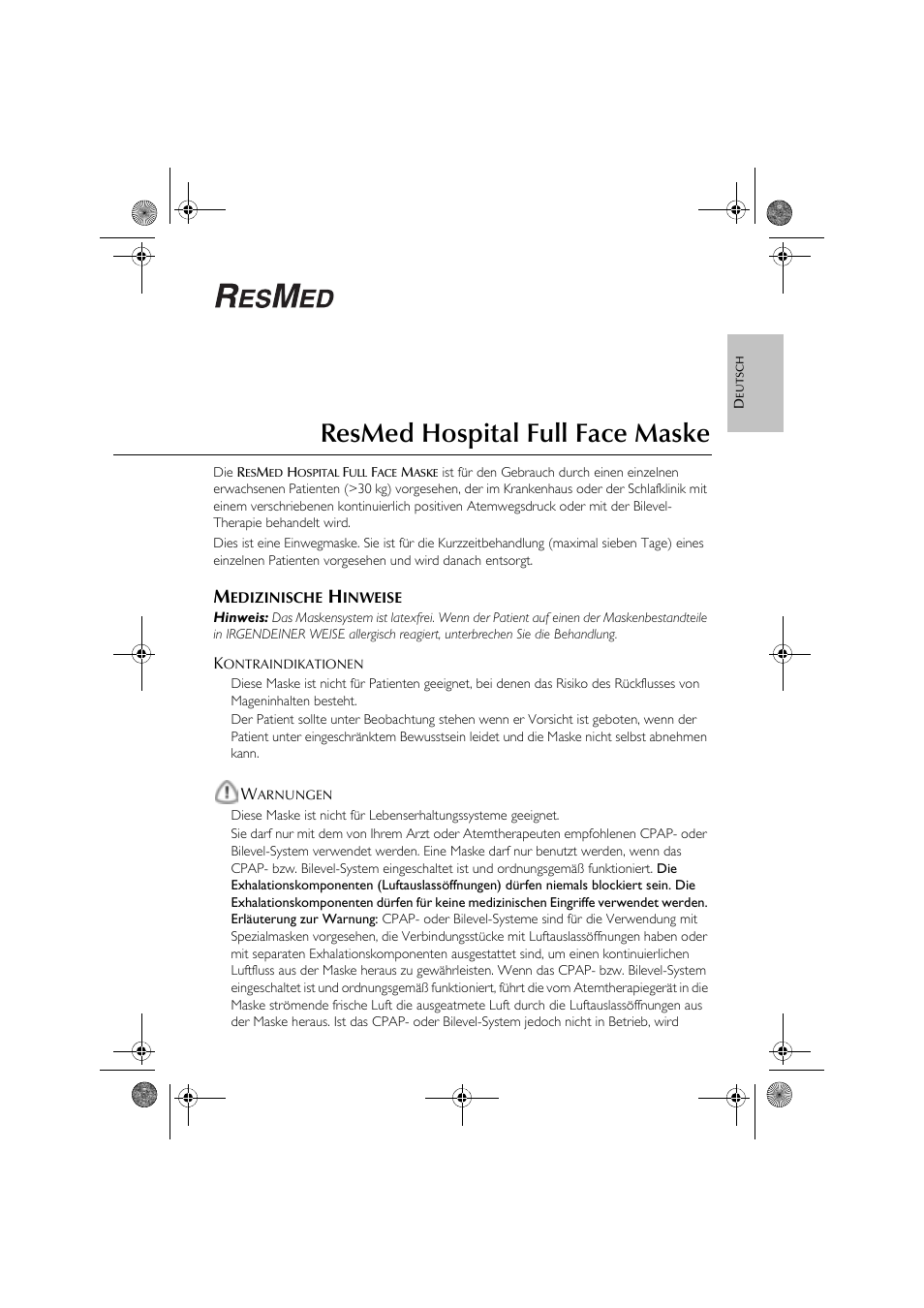 Resmed hospital full face maske | ResMed Hospital Full Face Mask User Manual | Page 7 / 48