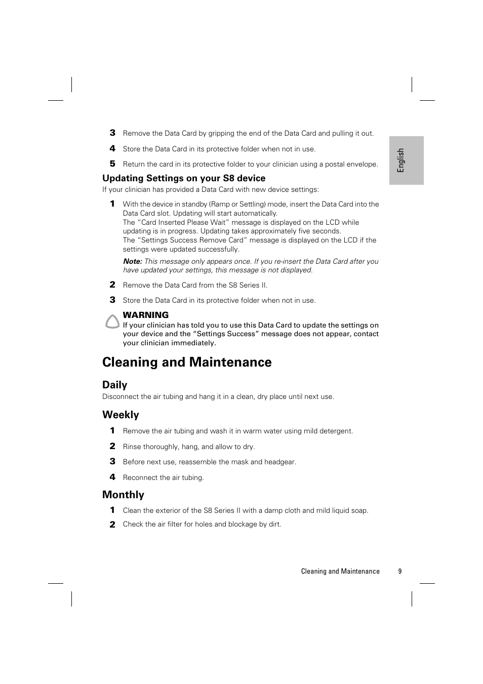 Updating settings on your s8 device, Cleaning and maintenance, Daily | Weekly, Monthly | ResMed Positive AirwAy Pressure Device S8 Elite II User Manual | Page 11 / 19