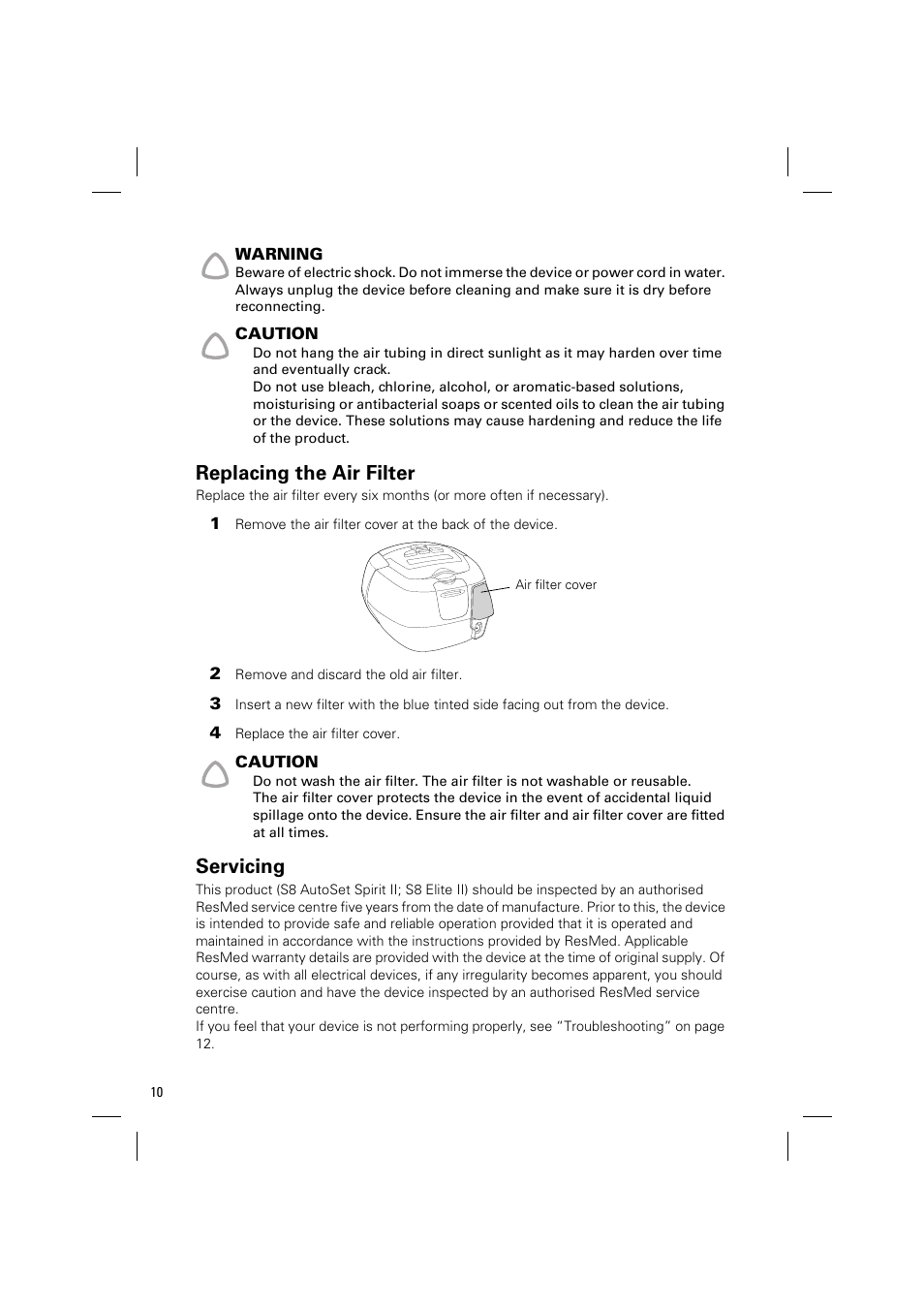 Replacing the air filter, Servicing | ResMed Positive AirwAy Pressure Device S8 Elite II User Manual | Page 12 / 19