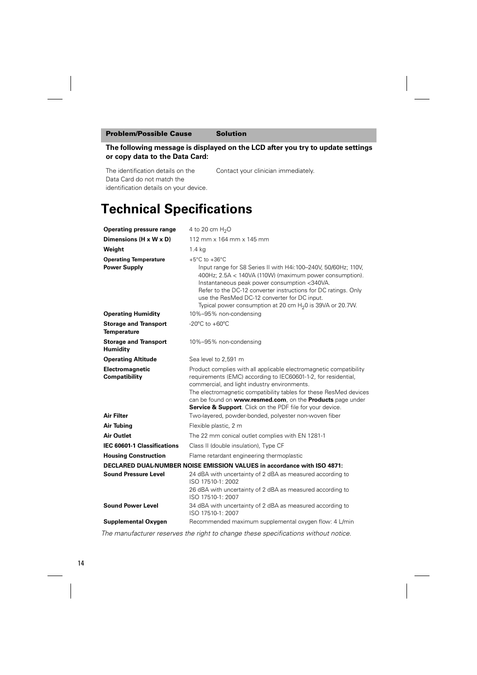 Technical specifications | ResMed Positive AirwAy Pressure Device S8 Elite II User Manual | Page 16 / 19