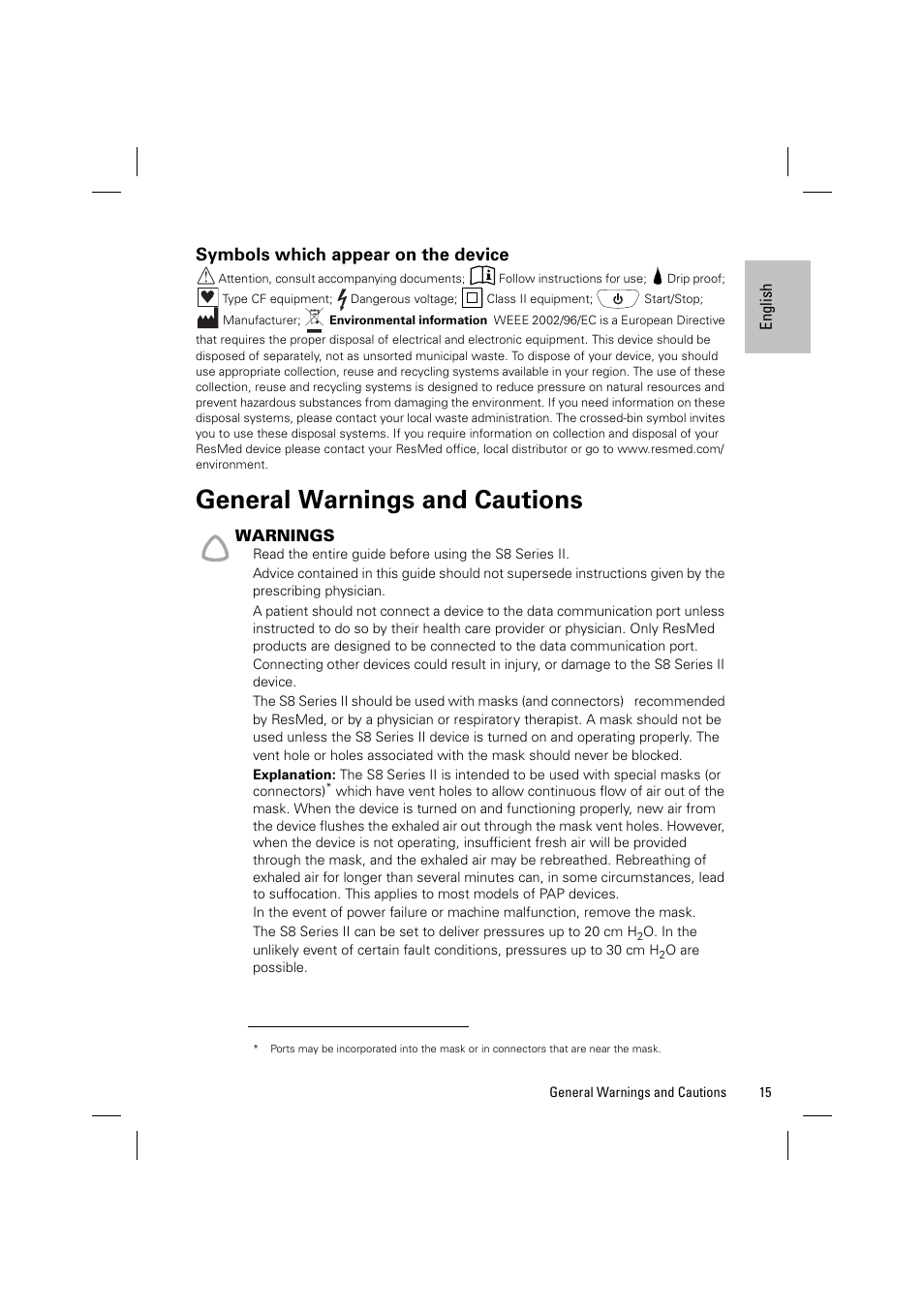 Symbols which appear on the device, General warnings and cautions, Warnings | ResMed Positive AirwAy Pressure Device S8 Elite II User Manual | Page 17 / 19