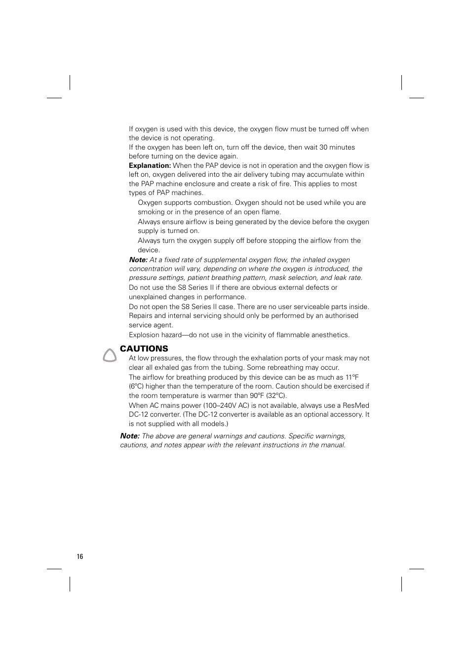 Cautions | ResMed Positive AirwAy Pressure Device S8 Elite II User Manual | Page 18 / 19