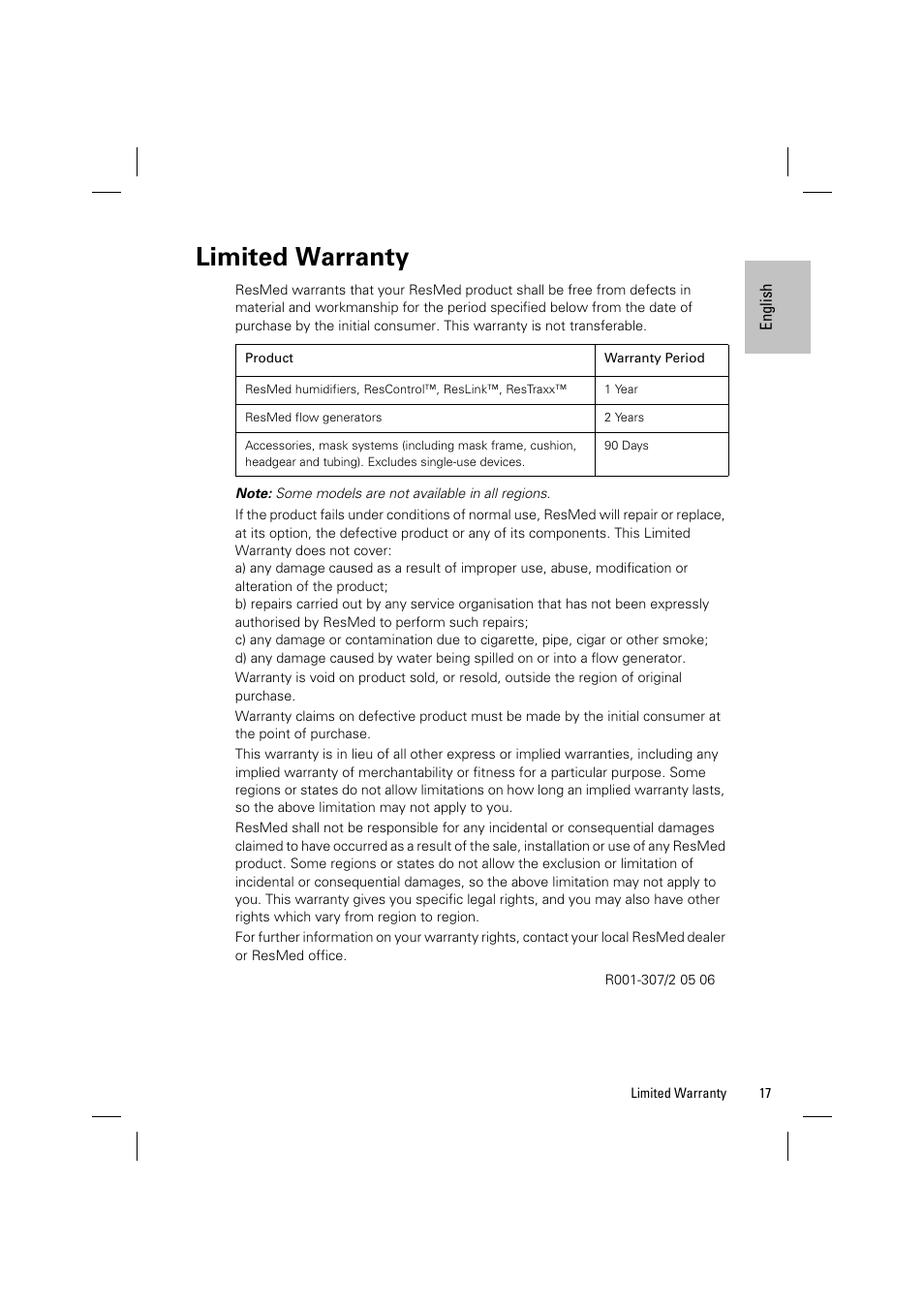 Limited warranty | ResMed Positive AirwAy Pressure Device S8 Elite II User Manual | Page 19 / 19