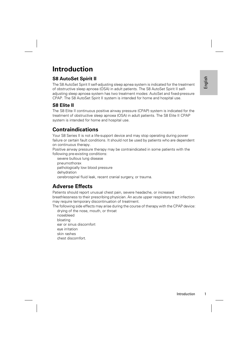 Introduction, S8 autoset spirit ii, S8 elite ii | Contraindications, Adverse effects | ResMed Positive AirwAy Pressure Device S8 Elite II User Manual | Page 3 / 19