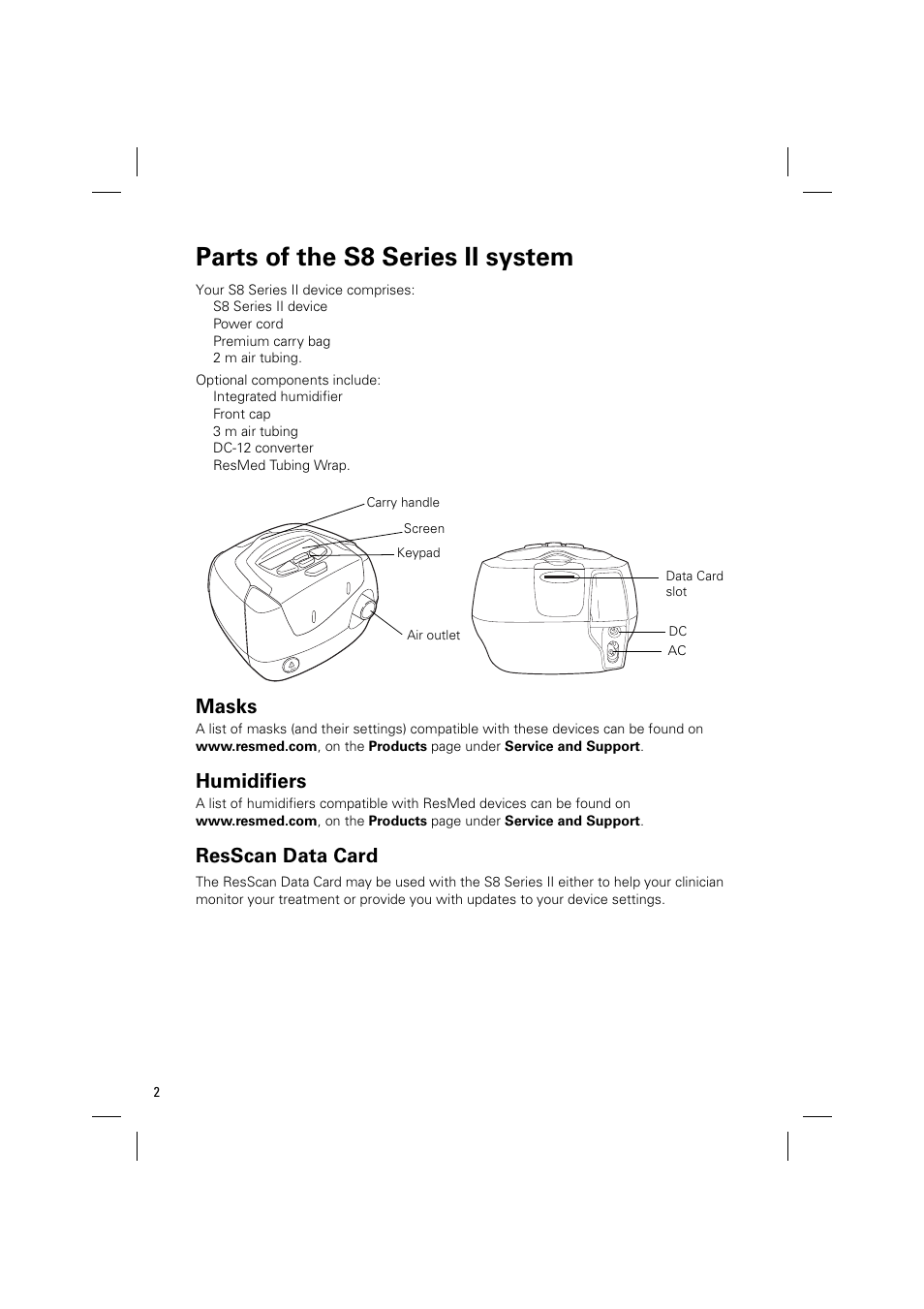 Parts of the s8 series ii system, Masks, Humidifiers | Resscan data card | ResMed Positive AirwAy Pressure Device S8 Elite II User Manual | Page 4 / 19