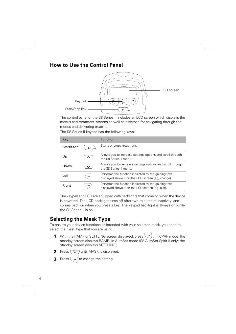 How to use the control panel, Selecting the mask type | ResMed Positive AirwAy Pressure Device S8 Elite II User Manual | Page 6 / 19