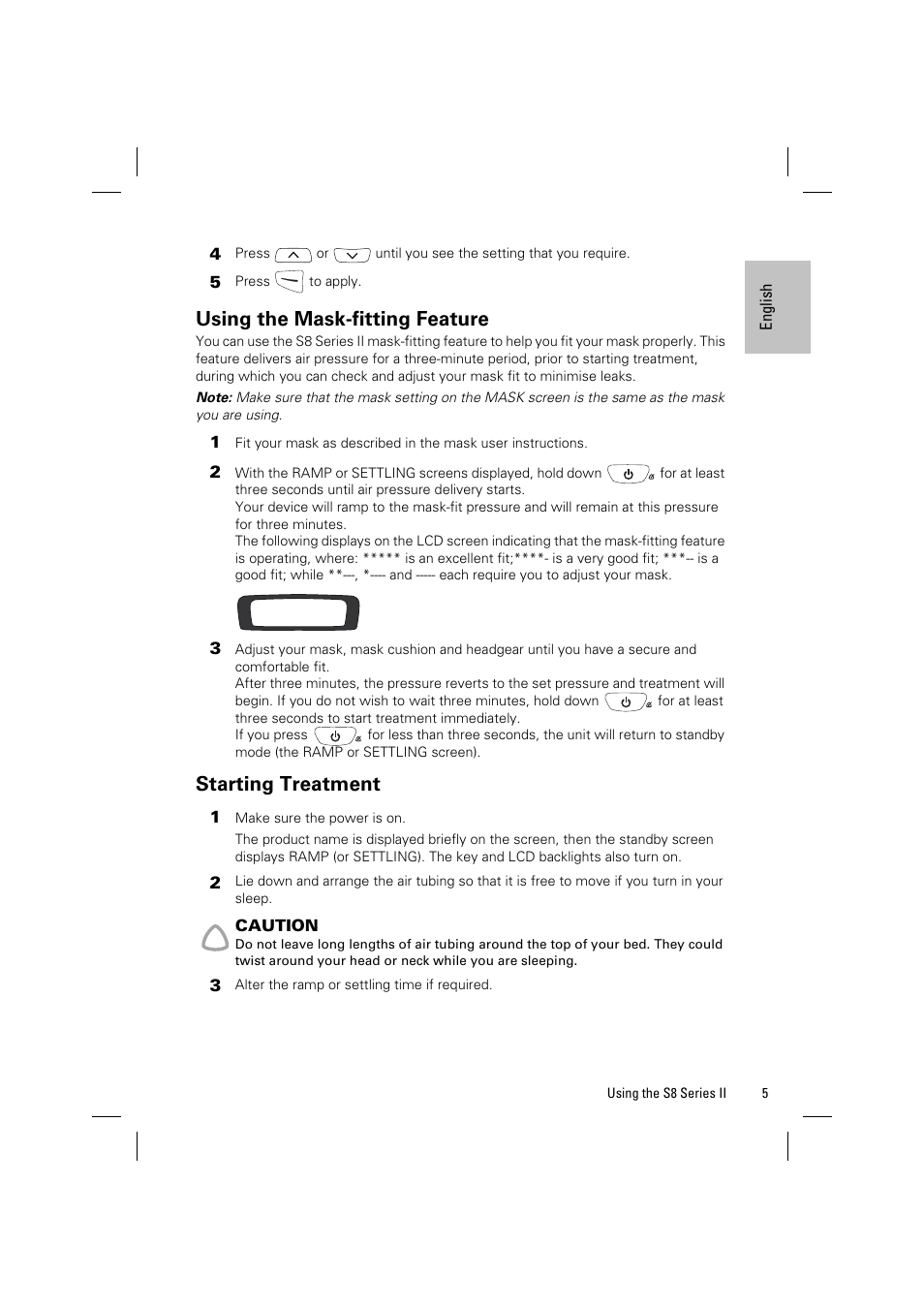 Using the mask-fitting feature, Starting treatment | ResMed Positive AirwAy Pressure Device S8 Elite II User Manual | Page 7 / 19