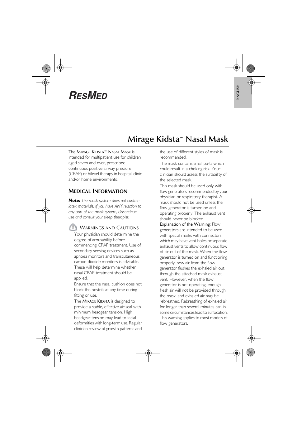 Mirage kidsta, Nasal mask | ResMed Nasal Mask Mirage Kidsta User Manual | Page 3 / 8