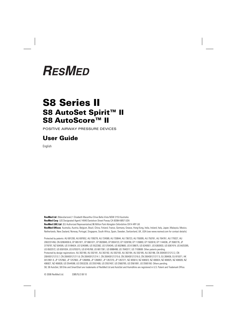 ResMed Positive AirwAy Pressure Device S8 Series II User Manual | 22 pages