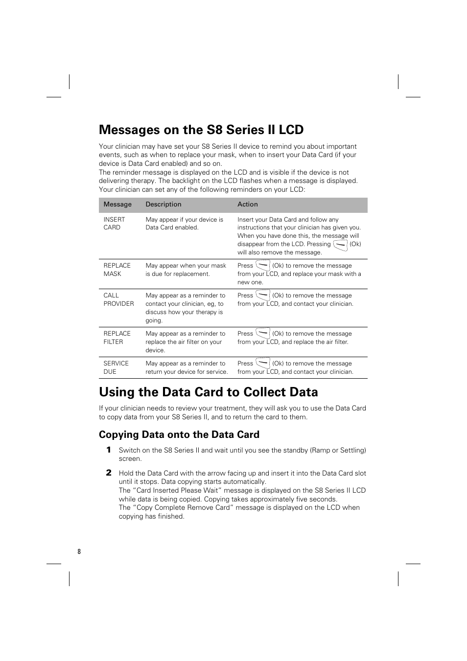 Messages on the s8 series ii lcd, Using the data card to collect data, Copying data onto the data card | ResMed Positive AirwAy Pressure Device S8 Series II User Manual | Page 10 / 22