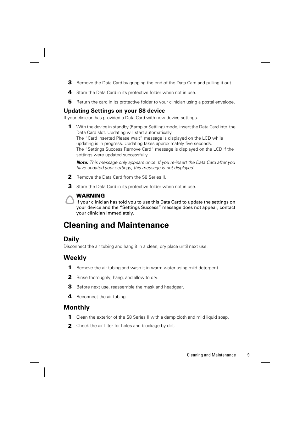 Updating settings on your s8 device, Cleaning and maintenance, Daily | Weekly, Monthly | ResMed Positive AirwAy Pressure Device S8 Series II User Manual | Page 11 / 22