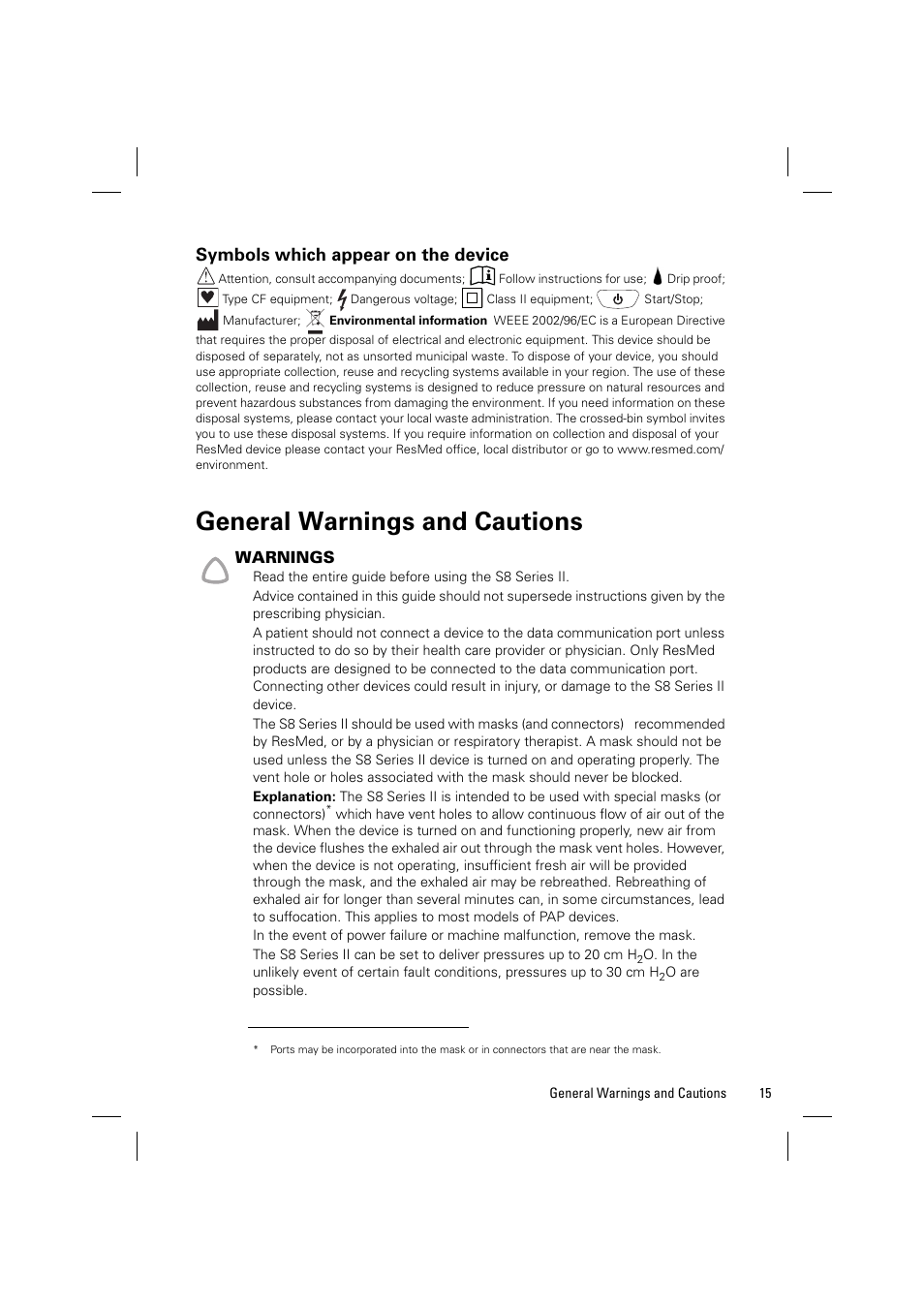 Symbols which appear on the device, General warnings and cautions, Warnings | ResMed Positive AirwAy Pressure Device S8 Series II User Manual | Page 17 / 22