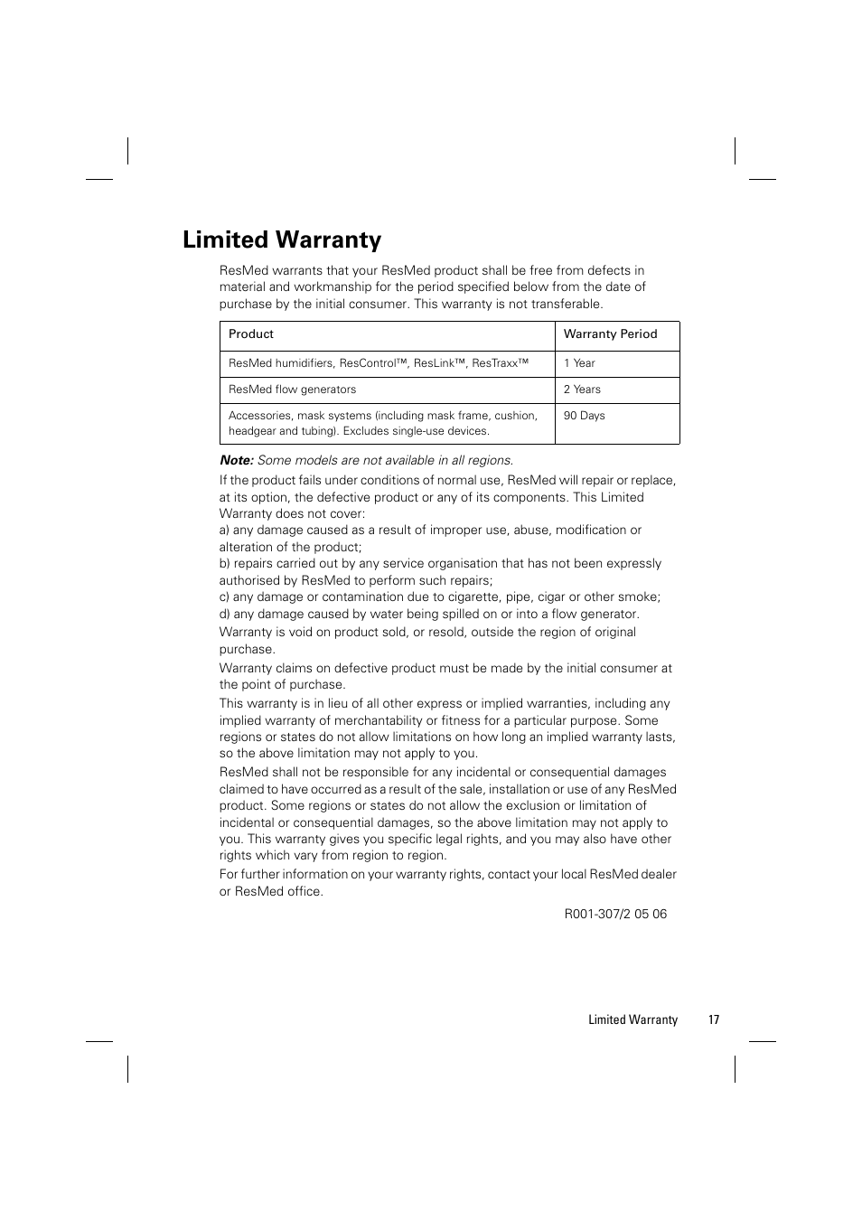 Limited warranty | ResMed Positive AirwAy Pressure Device S8 Series II User Manual | Page 19 / 22