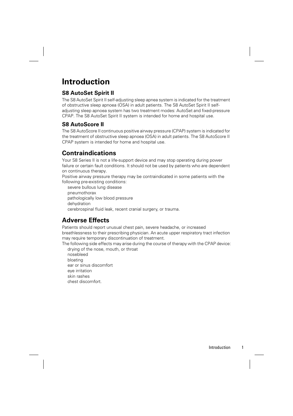 Introduction, S8 autoset spirit ii, S8 autoscore ii | Contraindications, Adverse effects | ResMed Positive AirwAy Pressure Device S8 Series II User Manual | Page 3 / 22