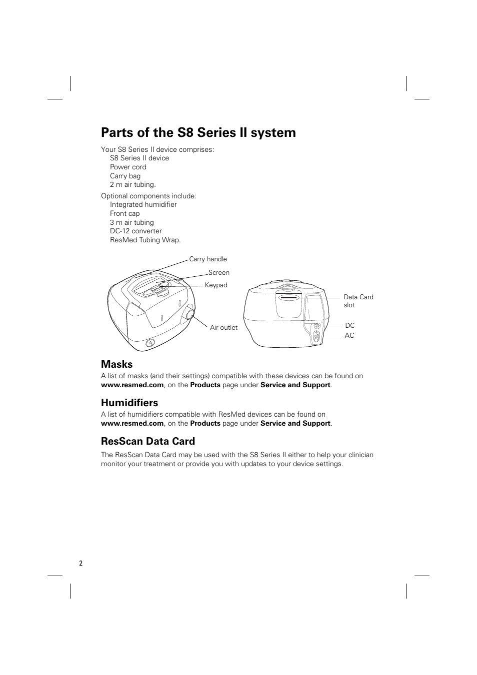 Parts of the s8 series ii system, Masks, Humidifiers | Resscan data card | ResMed Positive AirwAy Pressure Device S8 Series II User Manual | Page 4 / 22