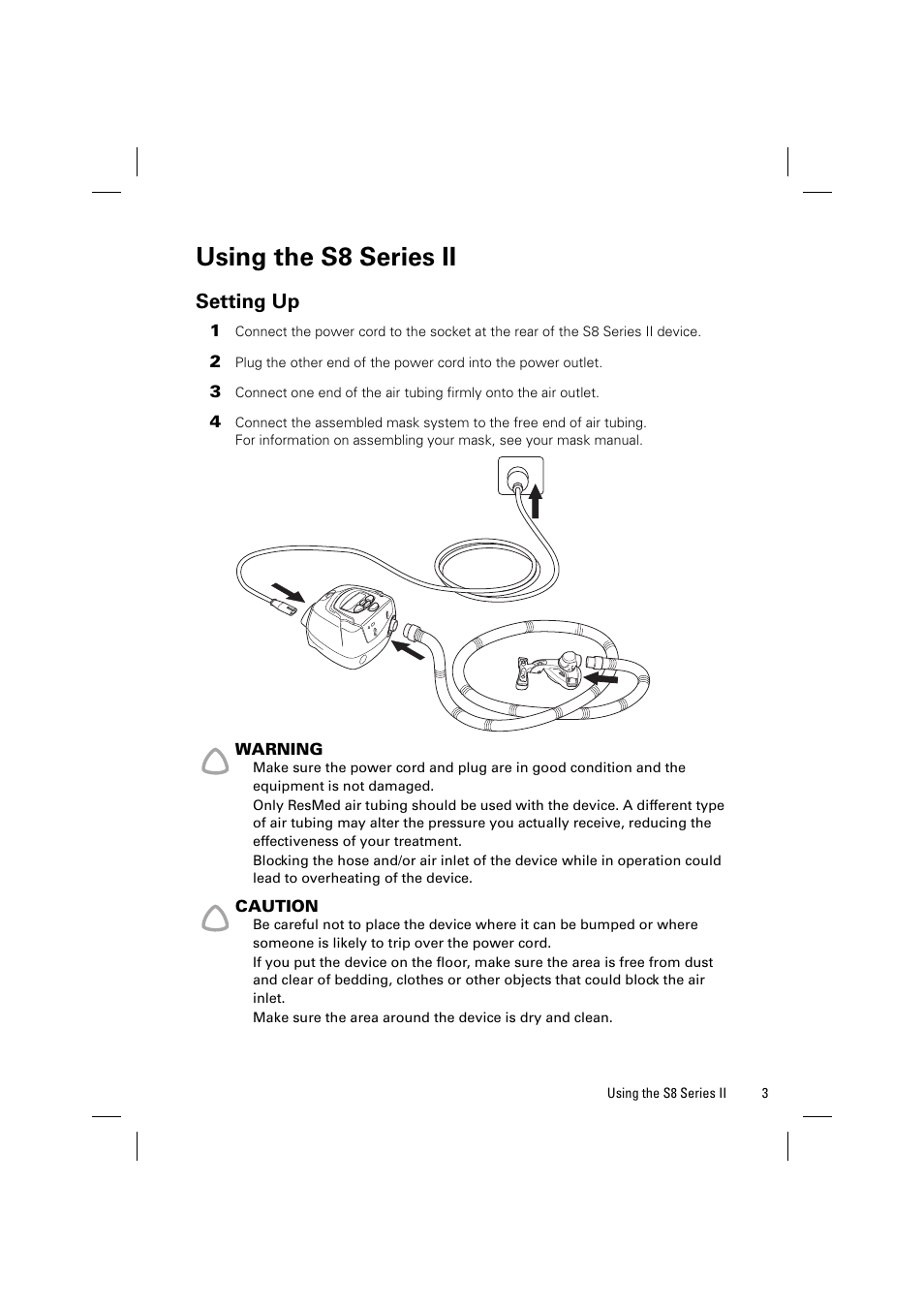 Using the s8 series ii, Setting up | ResMed Positive AirwAy Pressure Device S8 Series II User Manual | Page 5 / 22