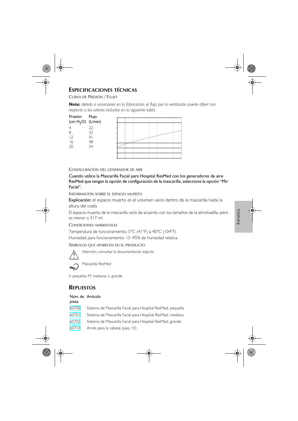 Specificaciones, Técnicas, Epuestos | ResMed Oxygen Equipment User Manual | Page 29 / 48