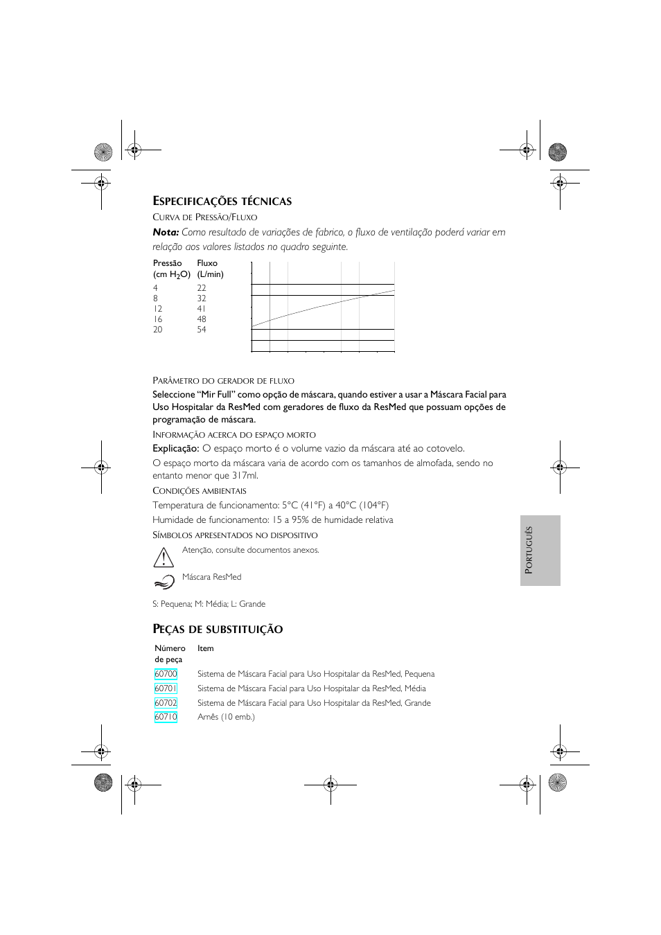 Specificações, Técnicas, Eças | Substituição | ResMed Oxygen Equipment User Manual | Page 35 / 48