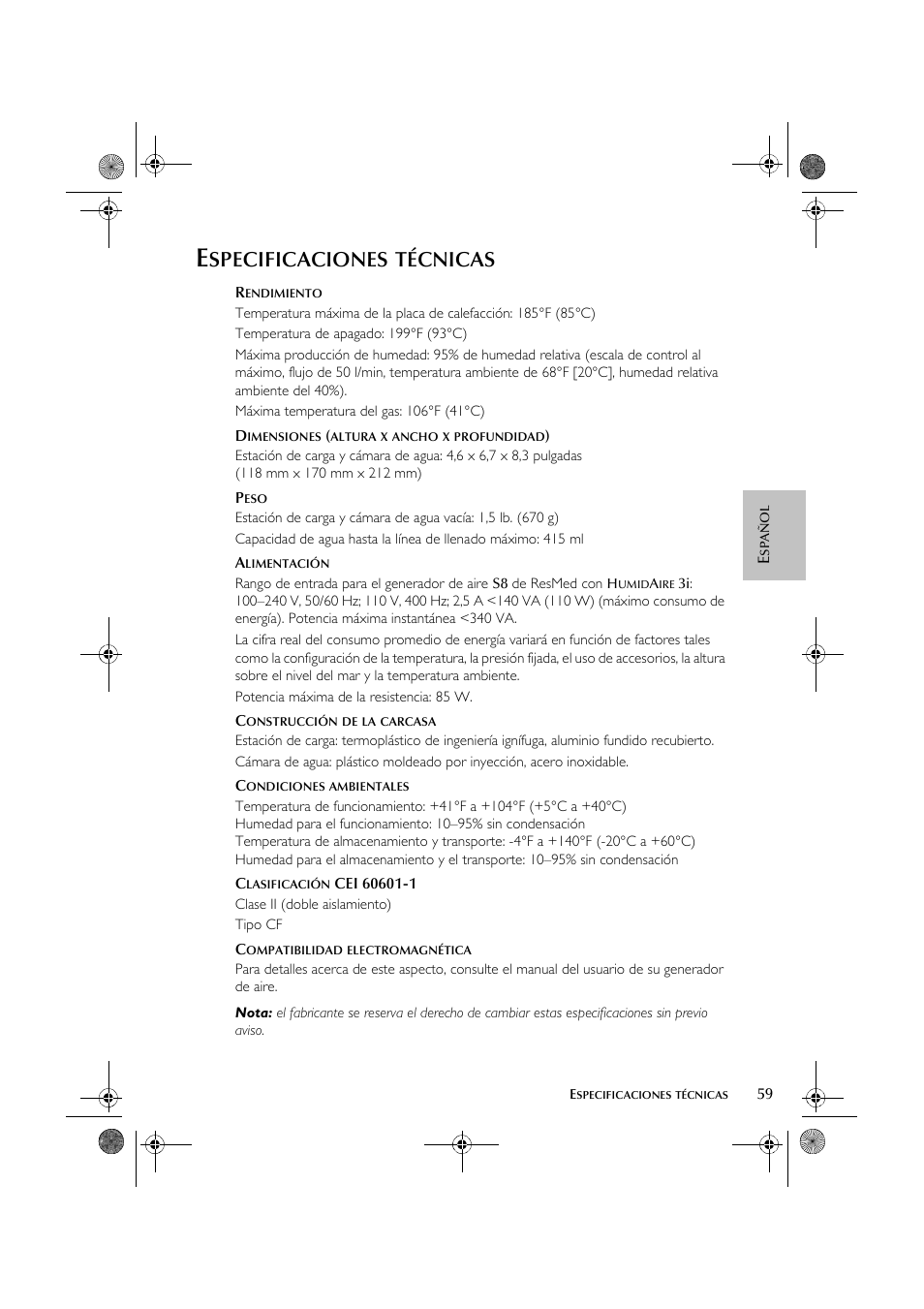 Specificaciones, Técnicas | ResMed HumidAire 3i User Manual | Page 64 / 91