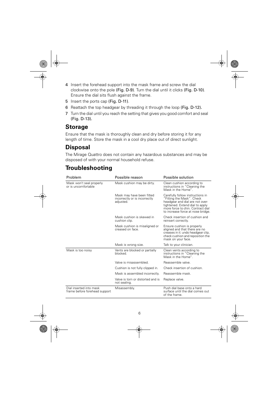 Storage, Disposal, Troubleshooting | ResMed Mirage Quattro 61836/2 User Manual | Page 10 / 86