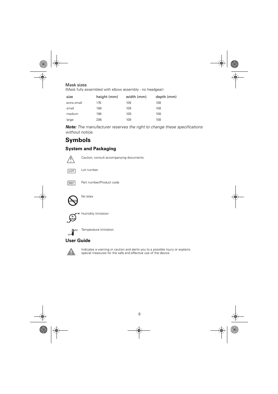 Symbols | ResMed Mirage Quattro 61836/2 User Manual | Page 12 / 86