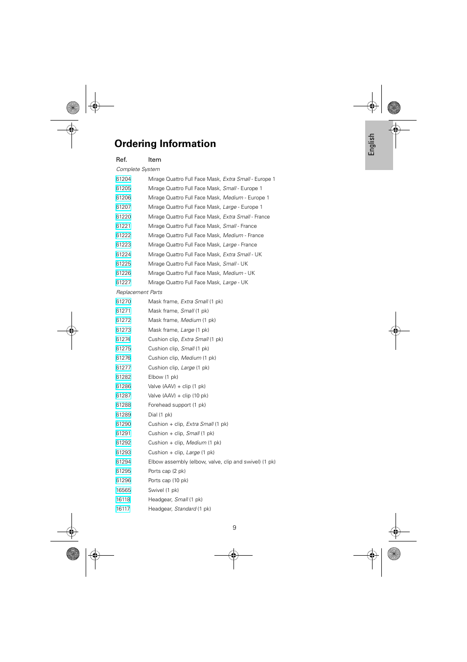 Ordering information, Eng lish | ResMed Mirage Quattro 61836/2 User Manual | Page 13 / 86