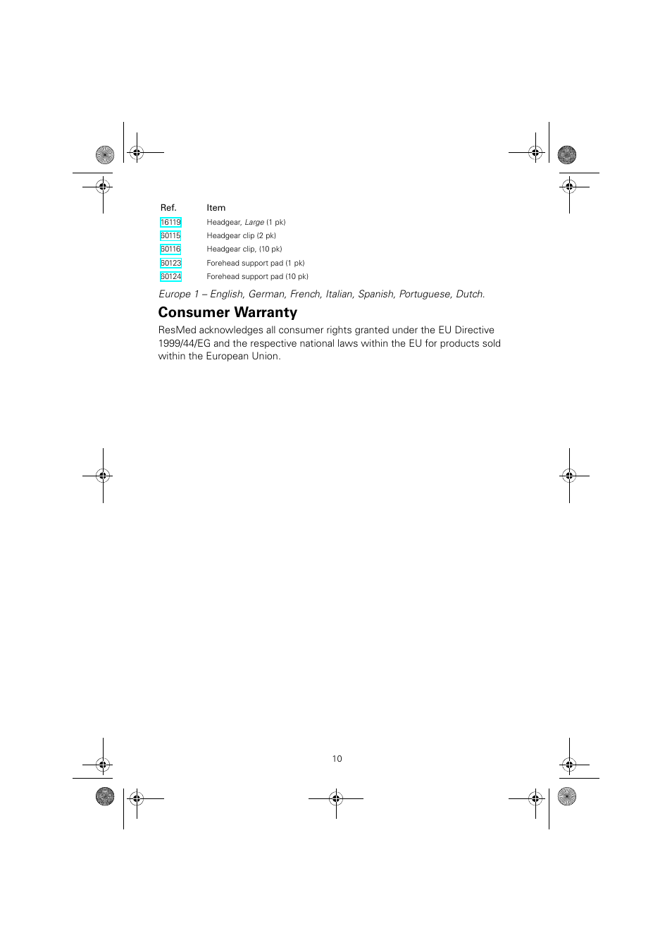 Consumer warranty | ResMed Mirage Quattro 61836/2 User Manual | Page 14 / 86