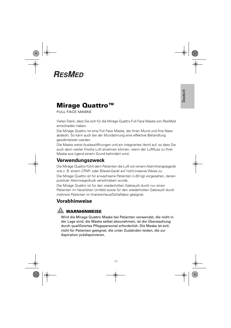 Mirage quattro, Verwendungszweck, Vorabhinweise | ResMed Mirage Quattro 61836/2 User Manual | Page 15 / 86